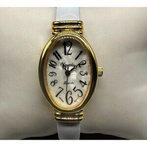 Xanadu Watch Women Gold Tone Oval Case White Enamel Cuff Band New Battery 6.25"